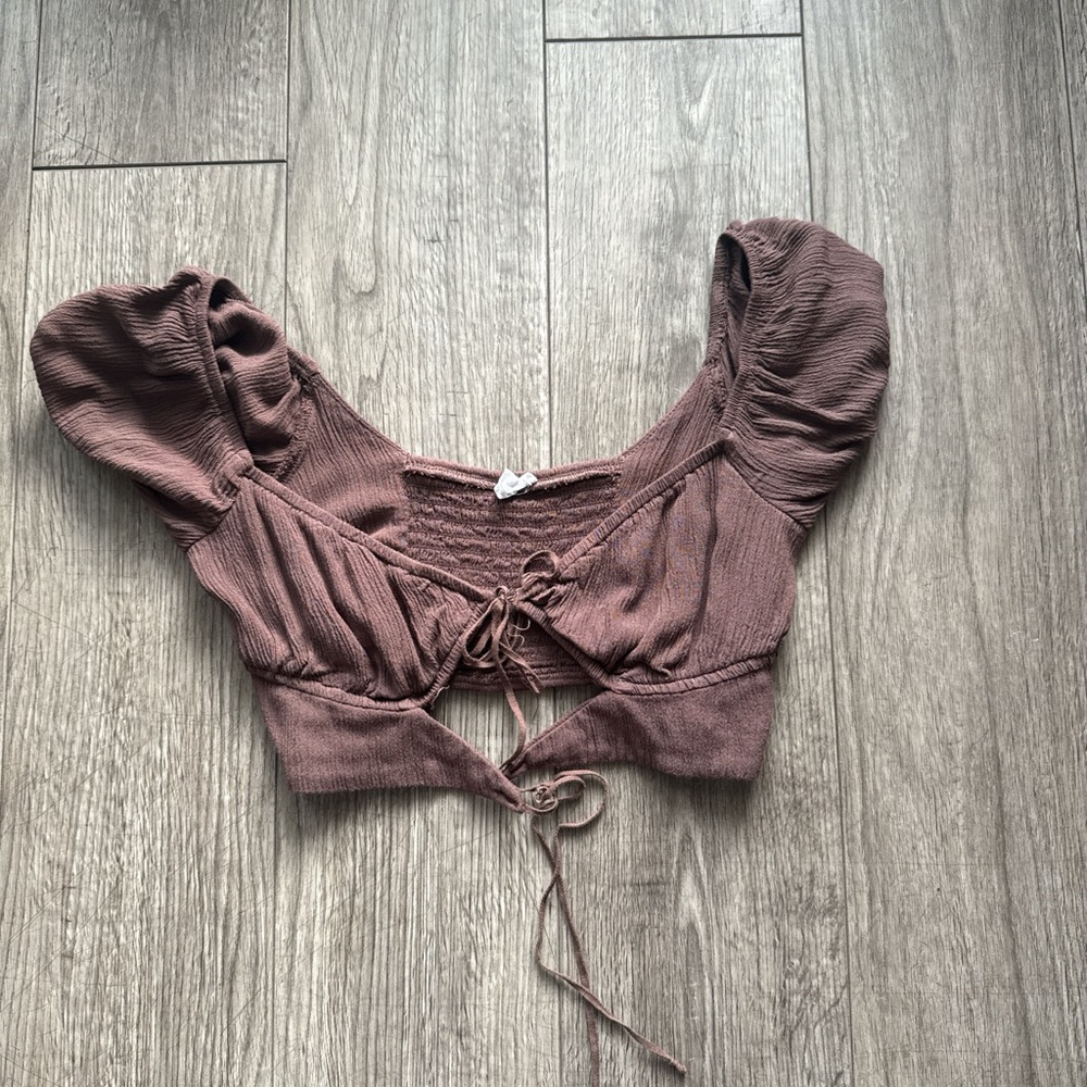 Garage Brown Lace-Up Puff Sleeve Crop Top